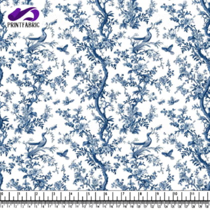 Blue and White Floral Pattern with Birds and Butterflies