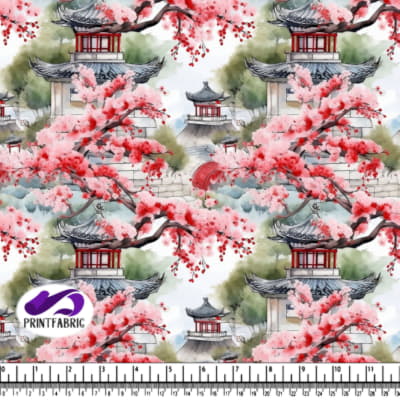 Peinture Aquarelle de Pagode Chinoise avec Fleurs de Cerisier