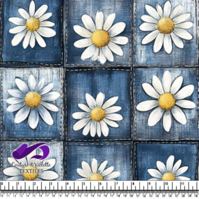 White daisies on blue denim patchwork