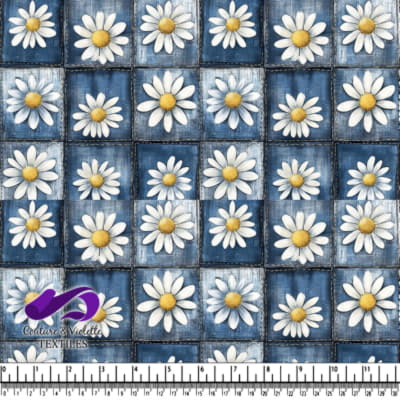 White daisies on blue denim patchwork