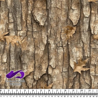 Texture réaliste d'écorce d'arbre avec des feuilles sèches éparses