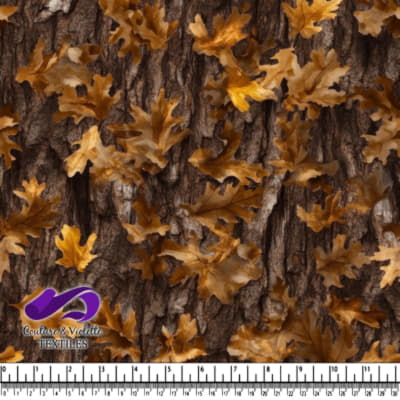 Feuilles de chêne brunes d'automne éparpillées sur l'écorce des arbres