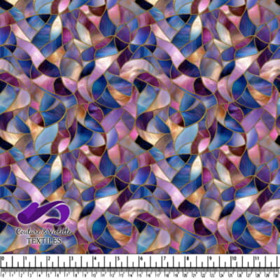 Abstract stained glass pattern in shades of purple blue and pink with gold outlines
