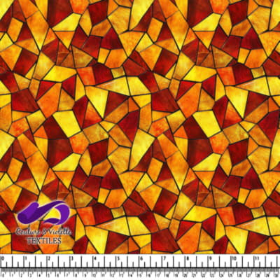 Warm autumn stained glass pattern with yellow orange and red geometric shapes