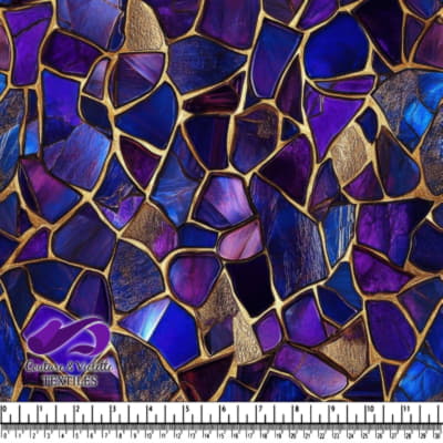 Irregular mosaic stained glass pattern in shades of blue and purple with gold outlines