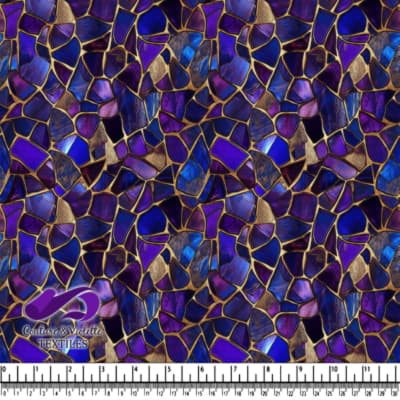 Irregular mosaic stained glass pattern in shades of blue and purple with gold outlines