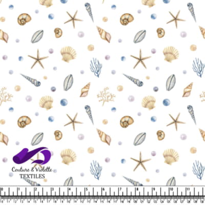 Seashells starfish and coral pattern on white background with colored bubbles