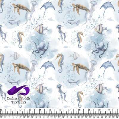 Watercolor ocean creatures pattern on white background