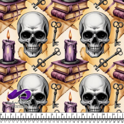 Crânes, clés vintage, bougies brûlantes et livres anciens