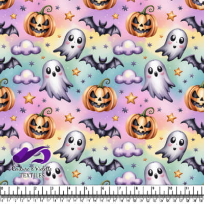 Ghosts pumpkins bats stars and clouds on rainbow background