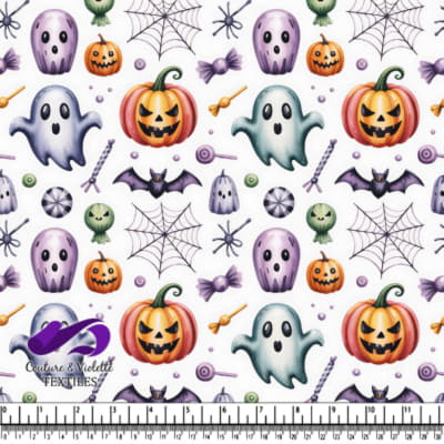 Ghosts pumpkins bats spiderwebs and candy on white background