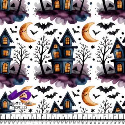 Motif de maison hantée d'Halloween avec des chauves-souris et une lune