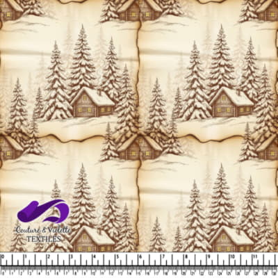 Vintage winter cabin scene with snow-covered trees