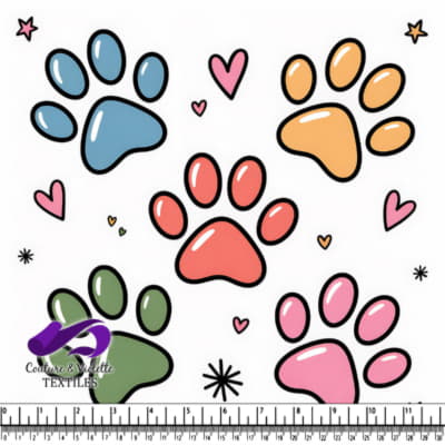 Colorful paw prints with hearts and stars