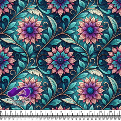 Motif Floral Intriqué avec Feuilles Bleues et Roses et Tourbillons