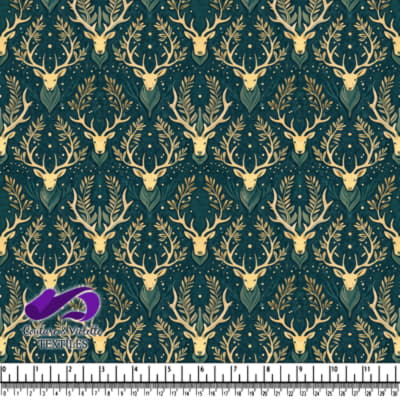 Golden Stag Heads with Antlers and Botanical Elements Pattern