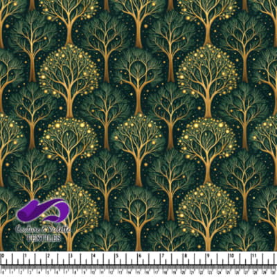 Arbres dorés scintillants sur fond vert foncé