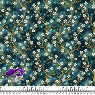 Branches Dorées avec Fleurs Blanches sur Fond Bleu Étoilé