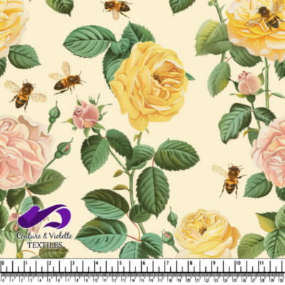 Motif floral de roses jaunes et roses avec abeilles