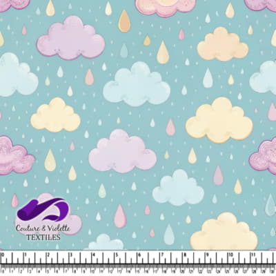 Pastel Clouds and Raindrops Pattern on Blue Background