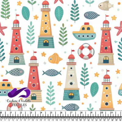 Motif Nautique avec Phare, Poissons et Bateaux sur Fond Blanc