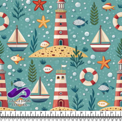 Motif Nautique avec Phare, Bateaux et Vie Marine