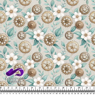 Motif Floral Steampunk avec Rouages et Fleurs Blanches