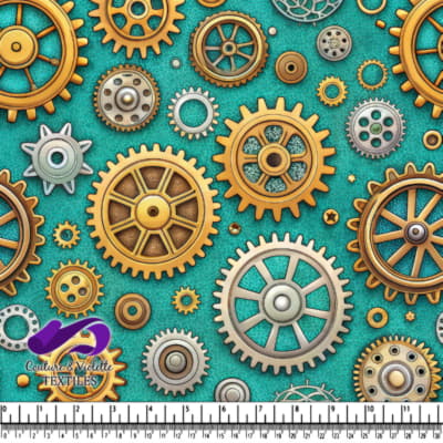 Vintage steampunk gears and cogs pattern on teal background