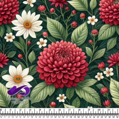 Motif Floral Vintage avec Dahlias Rouges et Marguerites Blanches