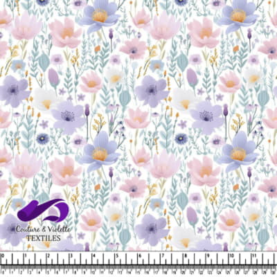 Pastel floral pattern with lavender pink and yellow flowers and foliage