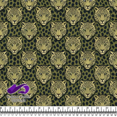 Illustrated leopard heads on dark spotted background