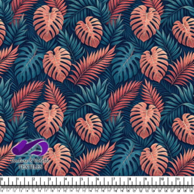 Motif de feuilles de palmier corail et teal tropicales sur fond sombre