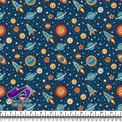 Colorful space-themed pattern with rockets