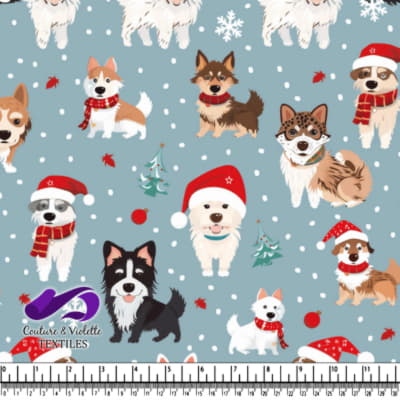 Chiens festifs portant des écharpes et des chapeaux de Noël sur la neige