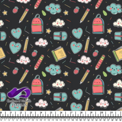 Cute school supplies and happy clouds on black background