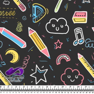 Colorful school supplies and doodles pattern