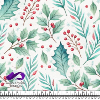 Watercolor holly leaves and red berries