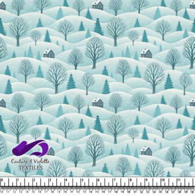 Winter landscape with snow-covered hills trees and cozy cabins at dusk