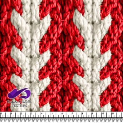 Close up of red and white knitted textured fabric with arrow pattern