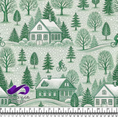 Winter landscape with snow-covered houses trees and cyclists on a green background