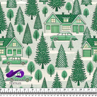 Green vintage houses cars and assorted pine trees