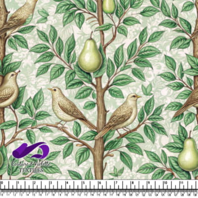 Oiseaux perchés sur des branches de poirier avec des feuilles vertes - motif vintage