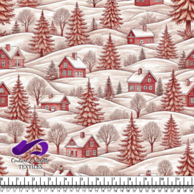 Paysage hivernal avec des maisons rouges et des arbres enneigés sur des collines