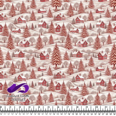 Paysage hivernal avec des maisons rouges et des arbres enneigés sur des collines