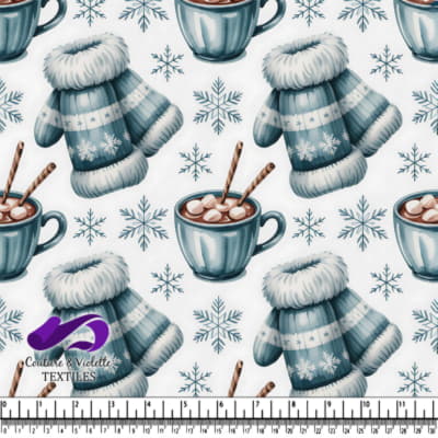 Motif d'hiver douillet avec des gants, du chocolat chaud et des flocons de neige