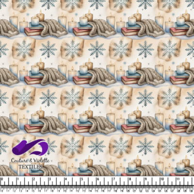 Scène hivernale chaleureuse avec bougies, livres, gants tricotés et flocon de neige vintage