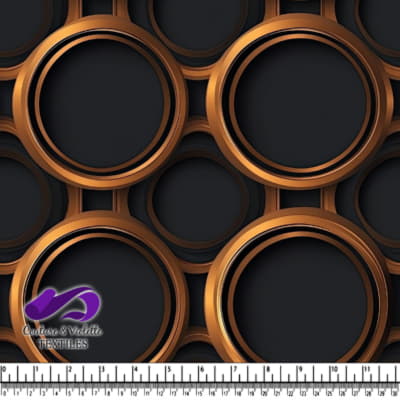 Abstract geometric pattern with bronze and black circular rings on a dark background