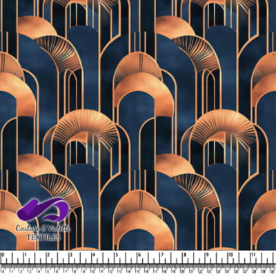 Abstract geometric pattern with gold and navy blue art deco arches and fans