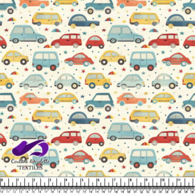 Colorful cartoon cars and stars pattern on light background