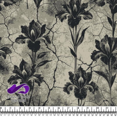 Motif floral noir sur fond texturé gris craqué